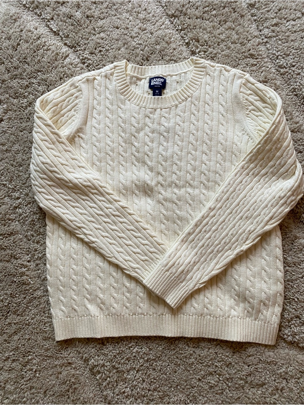 Lands' End Cream Cable-Knit Crewneck Sweater